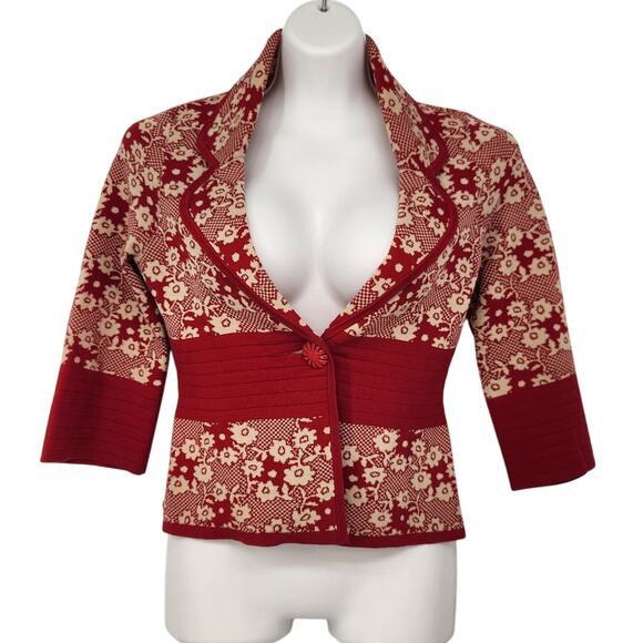 Anthropologie Moth Red Beige Cropped Floral Sweater Cardigan Women's S - Picture 1 of 8